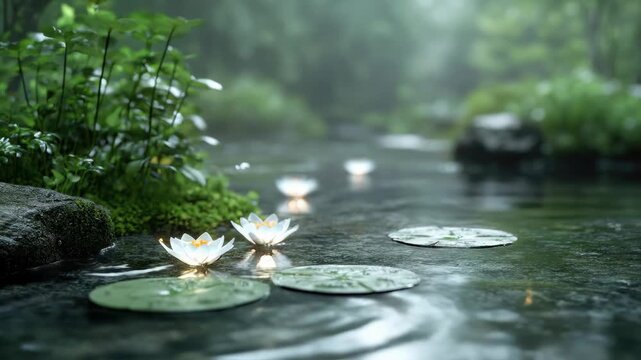 Lush green forest river, delicate white water lilies glowing softly on tranquil water, serene natural environment, peaceful spiritual journey, calming zen meditation