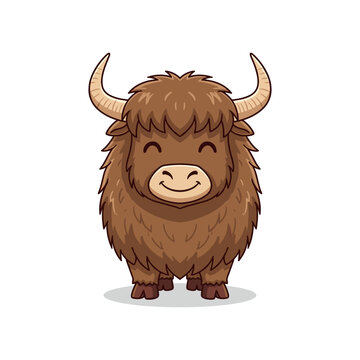 Friendly Brown Cartoon Yak Character Isolated on White Background