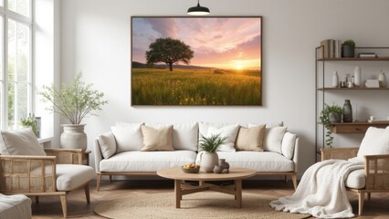 Fototapeta premium A well-decorated living room with a large landscape photo on the wall, featuring a serene sunset scene over a field and a tree.