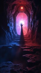 Fototapeta premium Dark cave entrance with glowing purple and red lights, leading to unknown territory.