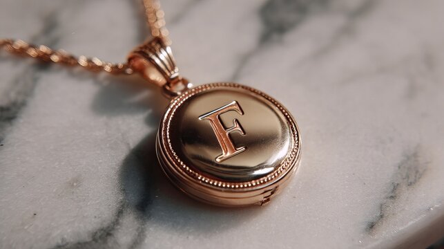 A stunning gold locket pendant with an engraved letter 'F', elegantly displayed on a marble surface.