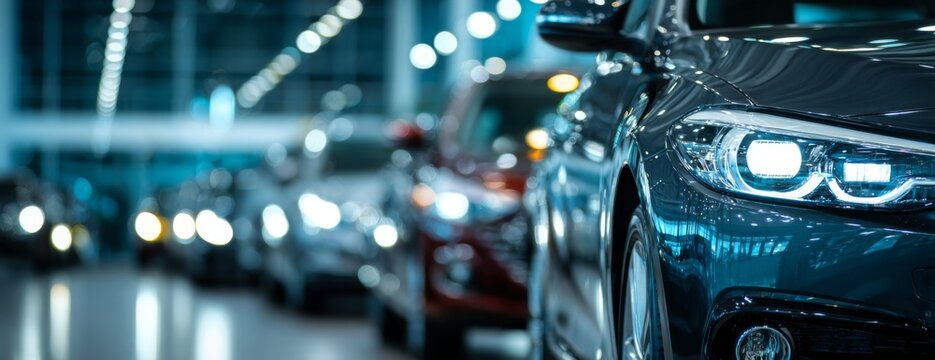 Line of new cars on display in modern car dealership showroom  
