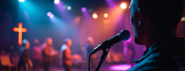 Obraz premium Man singing on stage with microphone in colorful church setting 