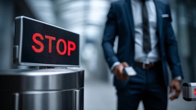 Red glowing stop sign on a security turnstile with a blurred businessman in a suit in the background at an office.