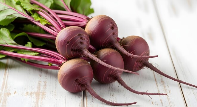 Fresh organic raw beetroots with green leaves on white wooden table