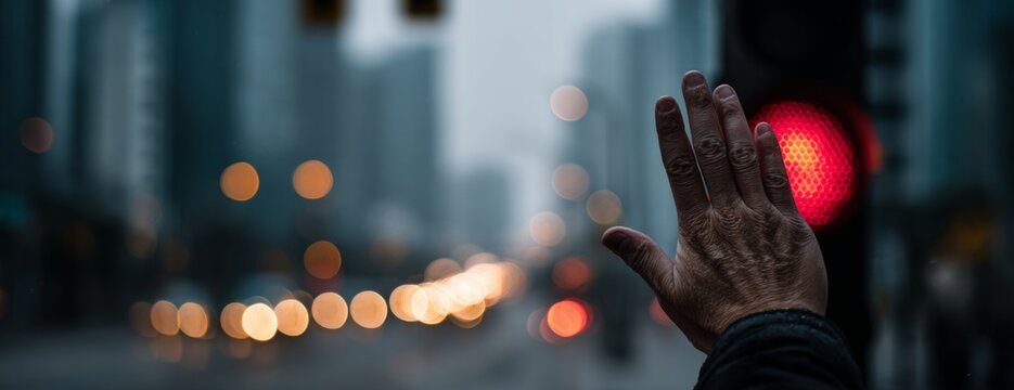 Person raising hand toward red traffic light on urban street  