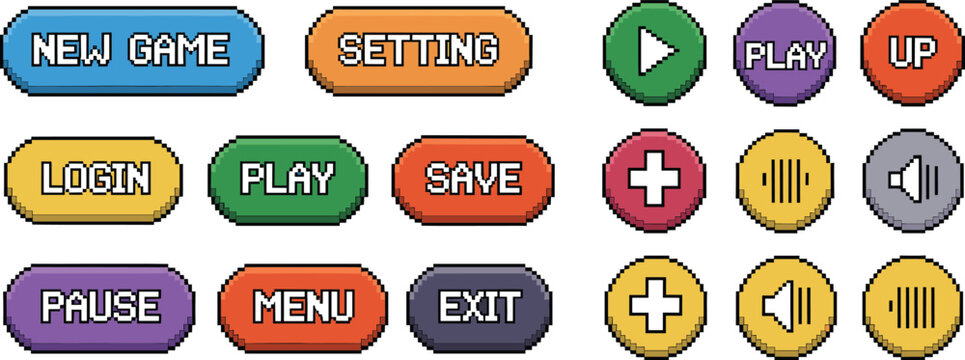 pixel art gaming buttons and icons collection with text labels on a white background high quality professional detailed modern elegant stylish clean crisp