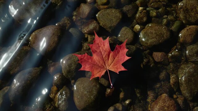 Red Maple Leaf on Crystal Clear Forest Stream, Top View Autumn Water Ripples, Pebble Bed Serenity, Hyperreal 4K Nature Scene