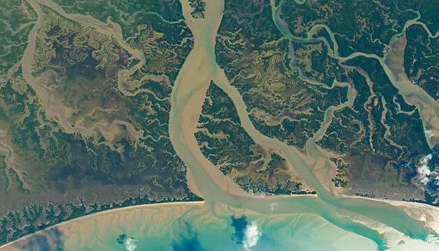 Aerial View of Winding River Delta and Coastal Mangroves Generative AI