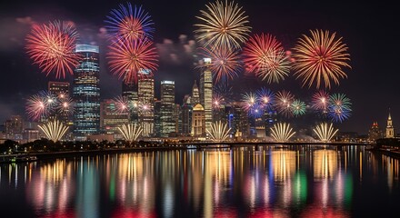 Obraz premium Fireworks over city skyline at night.