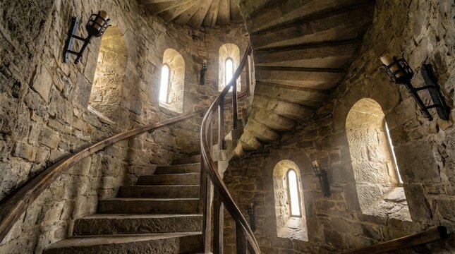 A winding stone spiral staircase ascends within an ancient castle tower, illuminated by light filtering through arched windows.