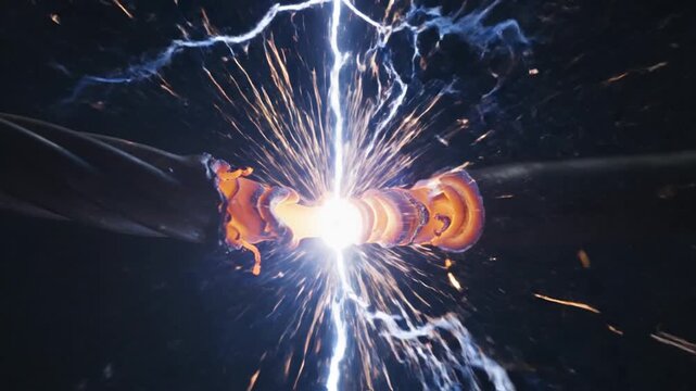 Intense electric arc and bright lightning surge between metal connectors creating a vivid plasma glow.