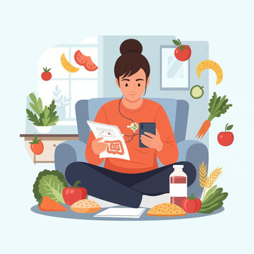Vector illustration of a young woman sitting in an armchair tracking her diet and gut health using a smartphone and medical charts, surrounded by fresh vegetables and fruits.