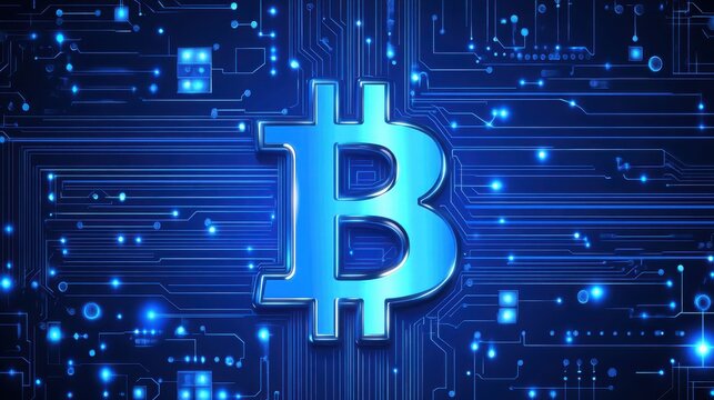 Glowing blue Bitcoin logo on circuit board background