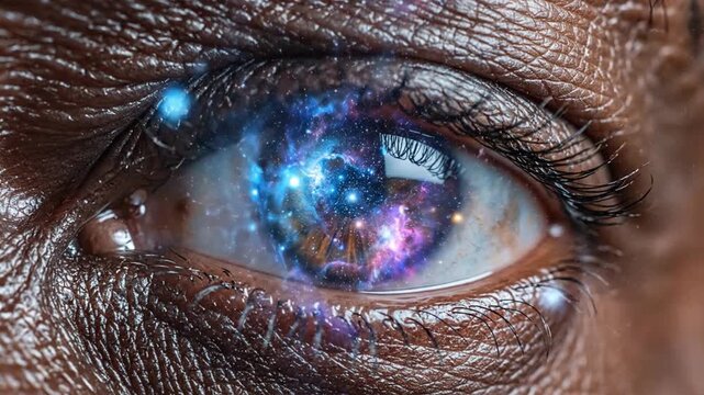 Close up of a human eye with futuristic digital reflection and vibrant iris detail.