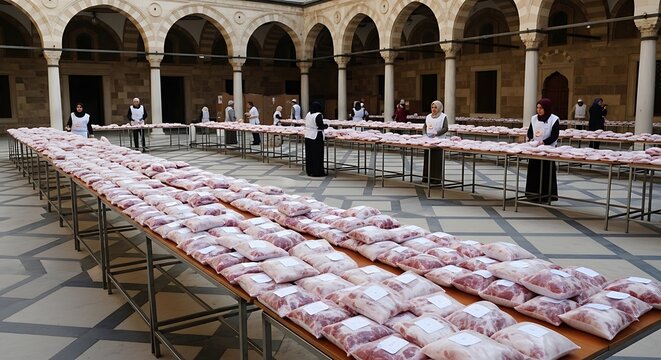 Rows of food on tables.