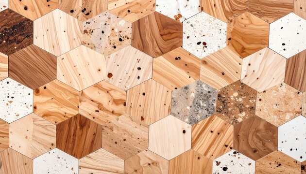Wooden texture with small terrazzo pattern marble background, geometric pattern, hexagonal.