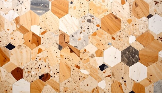Wooden texture with small terrazzo pattern marble background, geometric pattern, hexagonal.