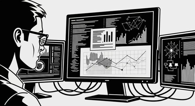 Man analyzing data on multiple computer screens.