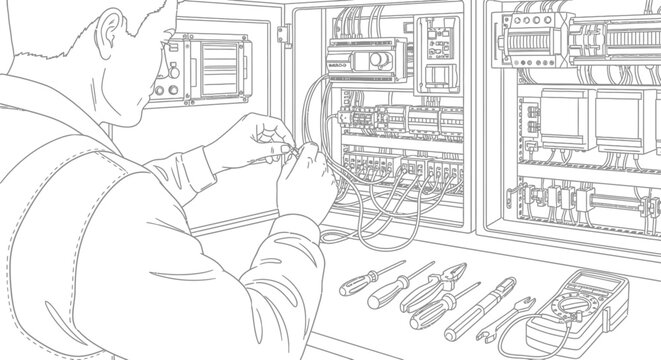 Electrician works on a complex electrical panel with tools.