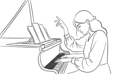 Line art of a woman playing grand piano with eyes closed © serra