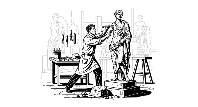 Artist sculpts a classical statue in a workshop setting.