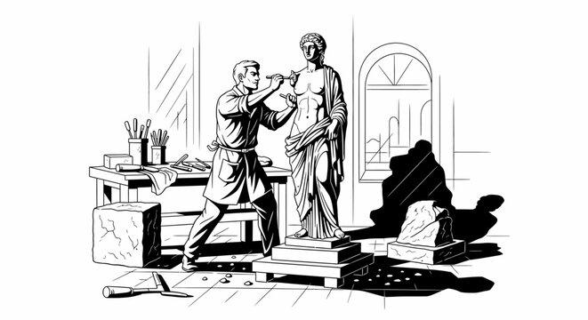 Male artist sculpting a classical female stone statue in a workshop illustration