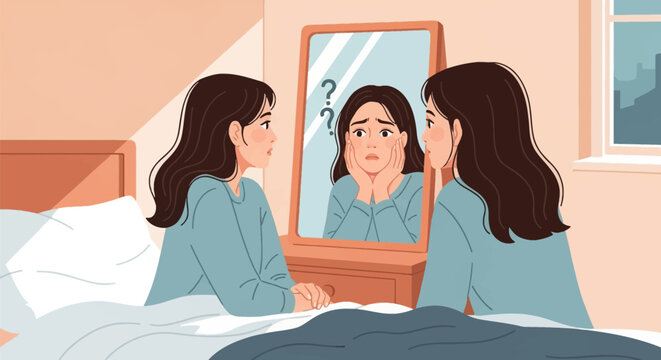 Flat vector illustration of a worried young woman with dark hair sitting on a bed looking into a vanity mirror with a confused reflection and question marks in a bedroom interior.