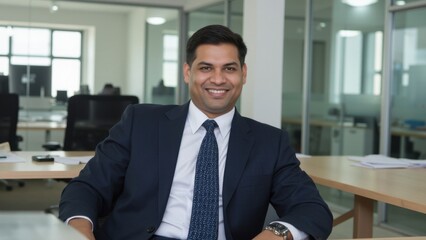 Fototapeta premium Indian businessman wearing suit, smiling confidently, holding a tablet. Corporate office setting.