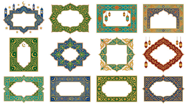 Ornate Islamic-inspired decorative frames and borders featuring crescent moons, stars, and geometric patterns are arranged in a collection.