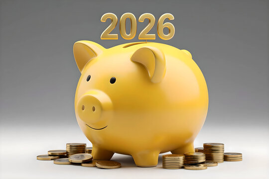 Yellow piggy bank with stacked coins and number 2026, symbolizing saving money, financial investment, business growth, wealth building, budgeting goals, future economic planning for the year 2026.