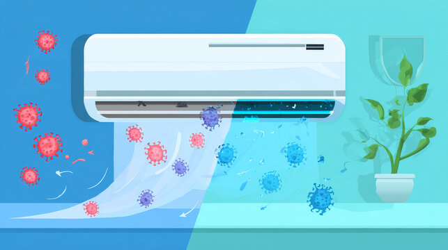 Air conditioner and part cleaning work such as air filter and coil pipe,  Dust soil and disease remove for increase airflow and system efficiency result in saving and good breathing, Vector icon set.