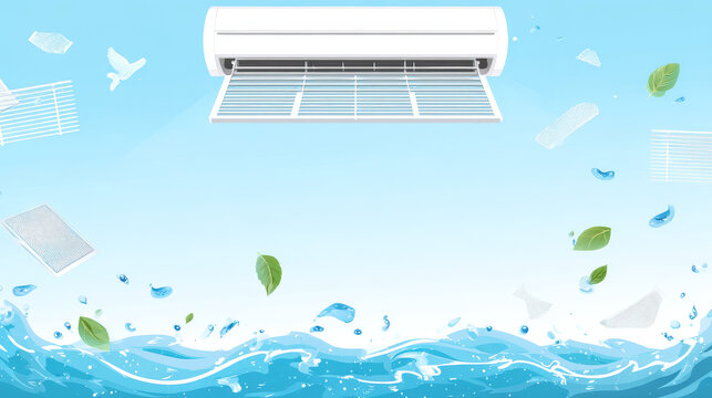 Air conditioner and part cleaning work such as air filter and coil pipe,  Dust soil and disease remove for increase airflow and system efficiency result in saving and good breathing, Vector icon set.
