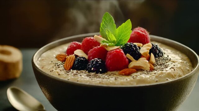Warm oatmeal bowl topped with fresh berries nuts and mint leaves for a nutritious breakfast concept a steaming bowl of oatmeal topped with berries chia seeds and nuts for heart health