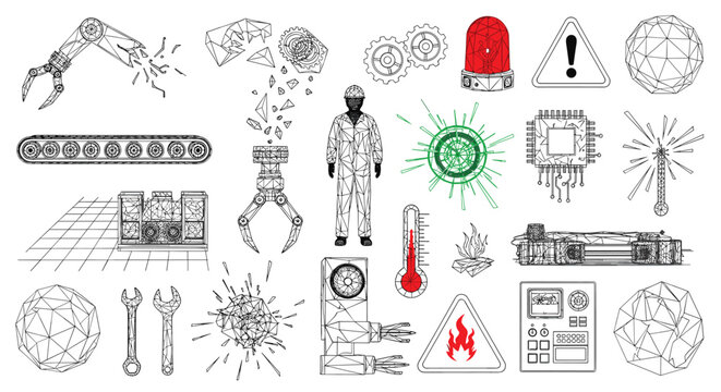 Industrial safety and robotic manufacturing failure icons showing broken machinery, hazard warnings, fire alerts, and automated system errors.