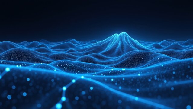 Futuristic, digital art of a mountain peak at night under a vibrant blue sky, with floating stars and nebula-like formations.