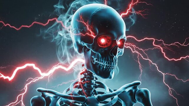 A glowing skeleton stands ominously with red lightning striking around it in darkness