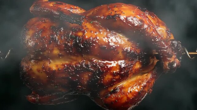 Rotisserie Chicken Day Grilled whole chicken roasting on a spit with smoke rising concept of barbecue and fire-cooked meal