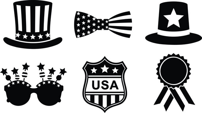 Set of patriotic american symbols vector illustration, uncle sam hat, bow tie, sunglasses, usa badge.