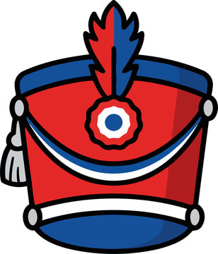 A colorful illustration of a traditional military shako hat on transparent background