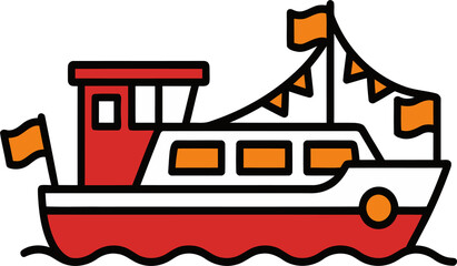 A colorful cartoon boat with flags sailing on the water on transparent background © MacKenzie
