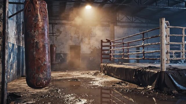A lone punching bag hangs in a dimly lit, abandoned boxing gym with a worn ring and dusty atmosphere.