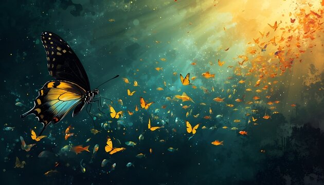 Abstract Butterfly Swarm Background with Cinematic Golden Light Rays and Magical Floating Petals for Digital Art Design