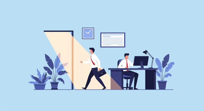 Businessman walking through a bright doorway while a colleague remains working at a desk with a computer in a minimalist office setting vector illustration.