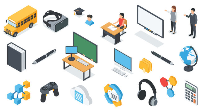 Modern education and digital classroom technology collection featuring virtual reality, smart boards, online learning tools, and school equipment.