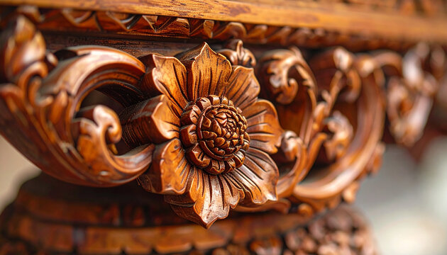 Close up of intricately carved wooden flower and scrollwork on furniture