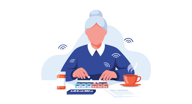 Senior woman carefully organizes her daily prescription medications into a weekly pill dispenser for better health management.