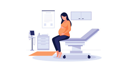 Fototapeta premium Pregnant woman sits comfortably on an examination table in a medical office while waiting for a prenatal checkup.