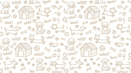 Playful Dog and House Pattern Illustration with Paw Print Doodles and Repeat Design. © izzstudio
