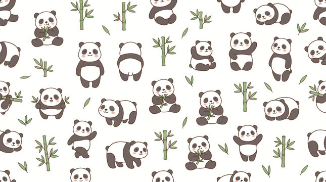 Playful panda pattern with bamboo stalks on a white background for textile design and decor.